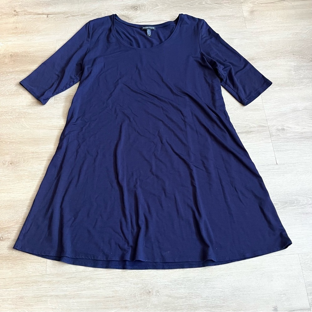 Eileen Fisher Women’s Navy Blue Scoop Neck Half Sleeve Tunic Top Blouse Size S
